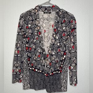 Nic + Zoe Linen Blend Navy White Red Geometric Print Single Button Cardigan M